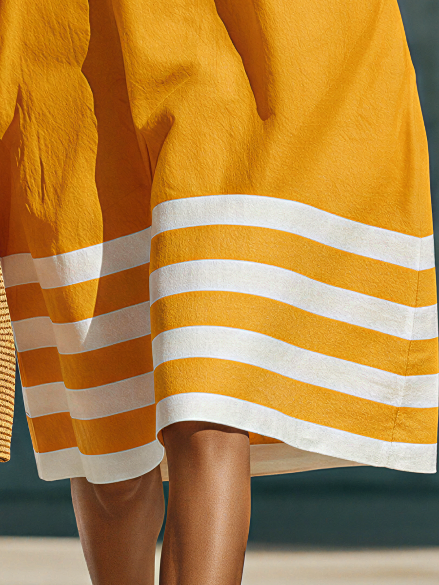 Women’s Yellow Halter Neck Dress With White Striped Hem MDZ1801E8T