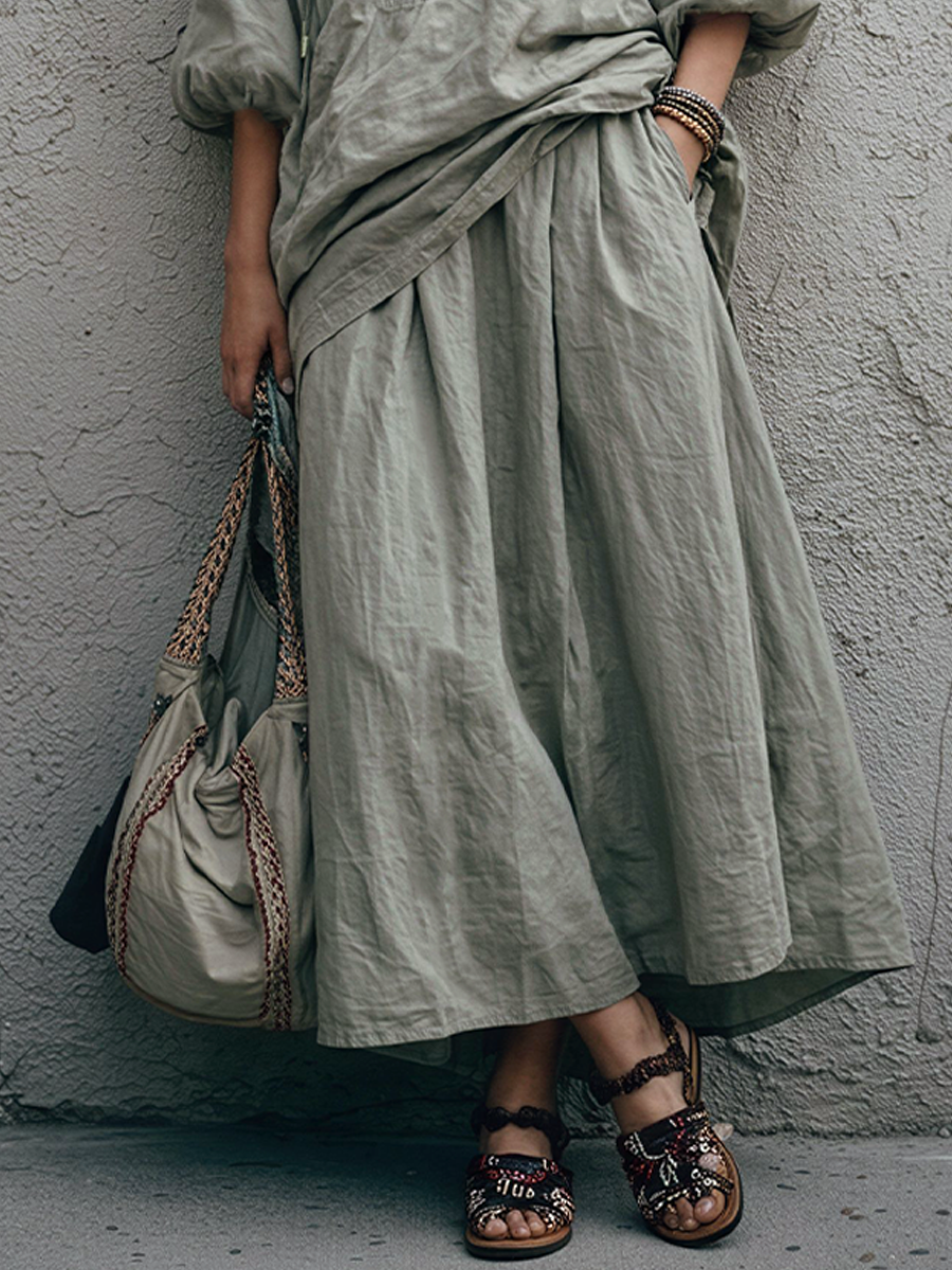 Women's Relaxed Style Grey Cotton Blend Half-Zip Hooded Top And Loose-Fitting Long Skirt Set MDZ1851E2GMJ