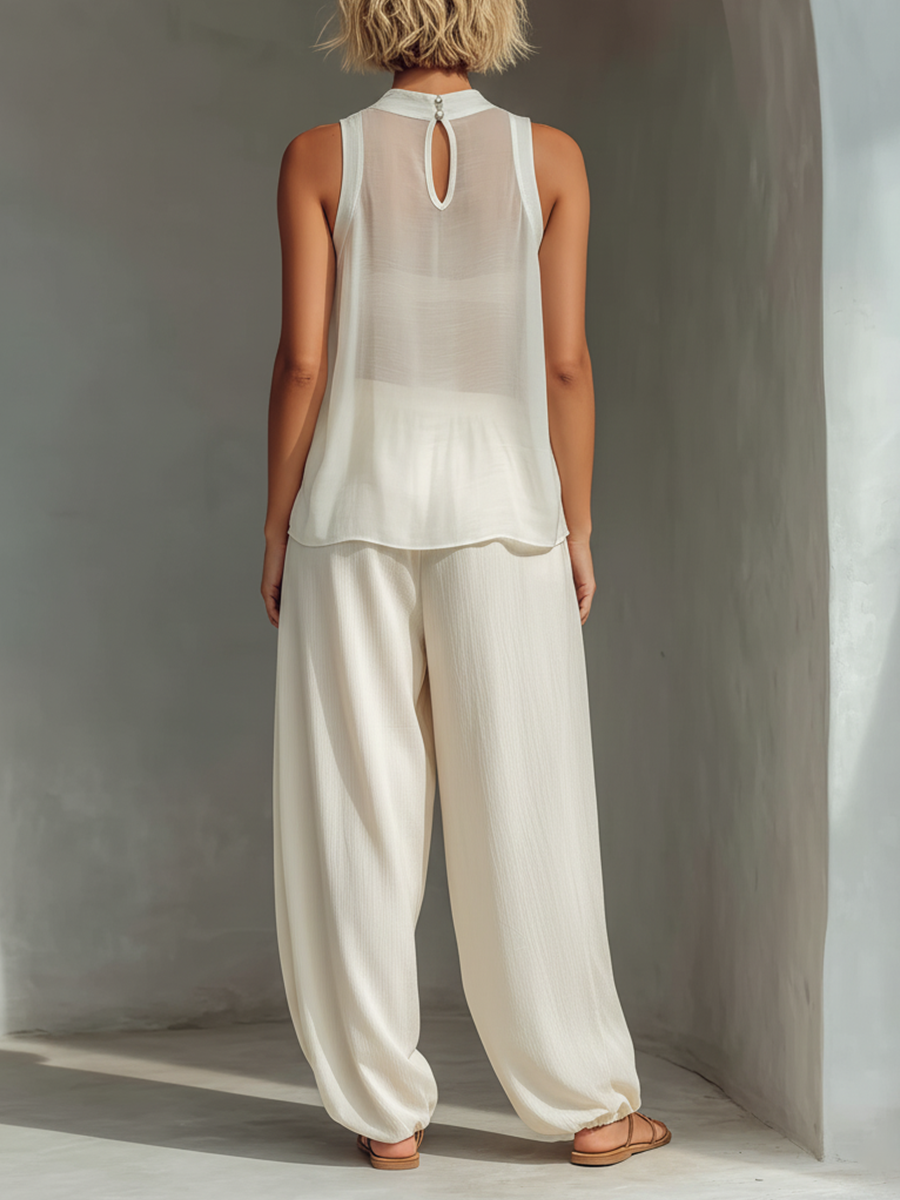 Women’s Cream Sheer Sleeveless High Neck Oversized Flowy Cami Top MDZ3000C3T