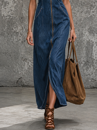 Women's Retro Dark Blue Denim Metal Buckle Zipper Slit Maxi Overall Dress MDZ1366E3GMJ