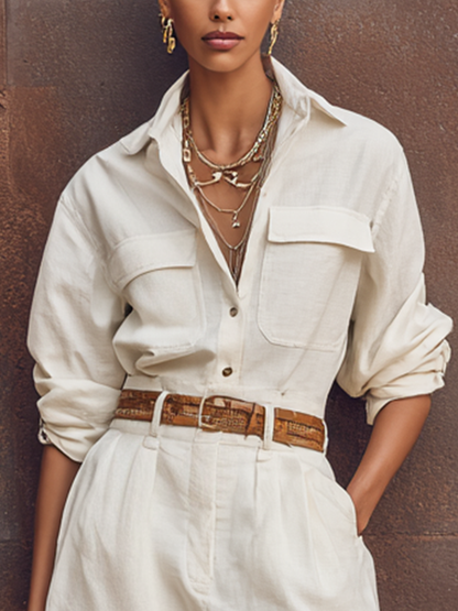 Women's White Cotton And Linen Single-Breasted Button-Down Long-Sleeved Short Jumpsuit With A Lapel Collar（Belt Not Included） MDZ1373E8GMJ