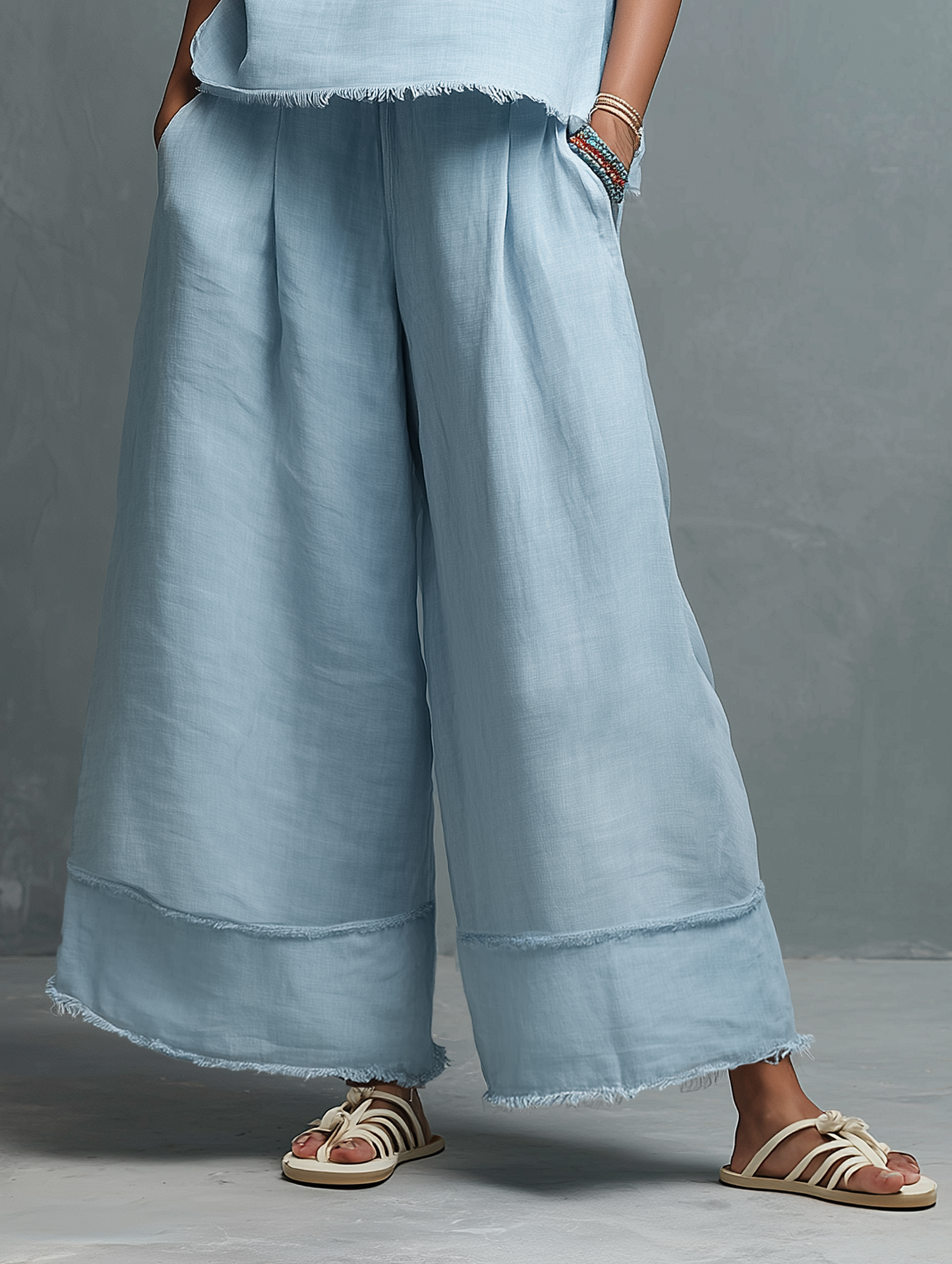 Women's Minimalist Linen-Blend Sleeveless Hooded Blouse & Wide-Leg Pants Set MDZ1544E6Y