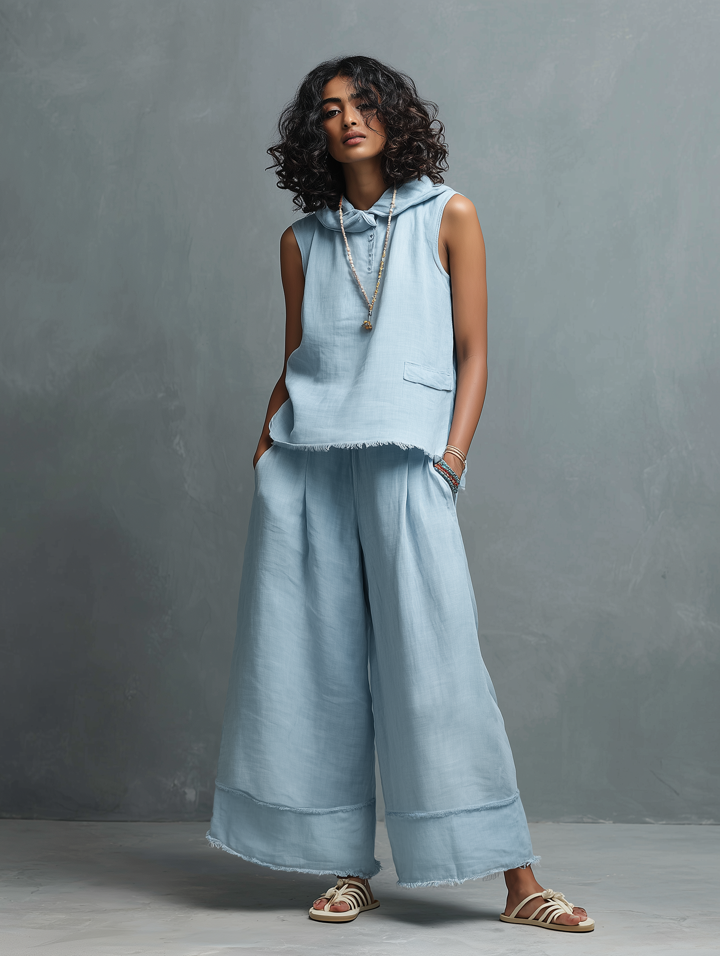 Women's Minimalist Linen-Blend Sleeveless Hooded Blouse & Wide-Leg Pants Set MDZ1544E6Y