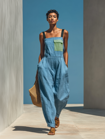 Women’s Blue Linen-Blend Wide-Leg Jumpsuit With Contrast Pocket & Straps MDZ1841E2T