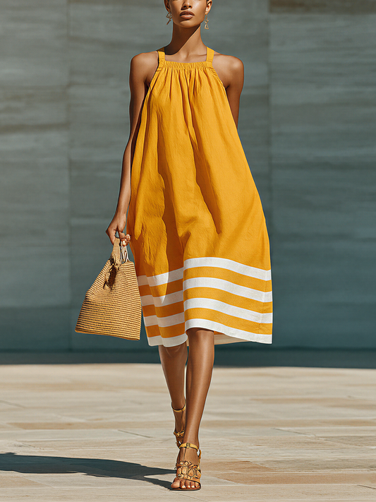 Women’s Yellow Halter Neck Dress With White Striped Hem MDZ1801E8T