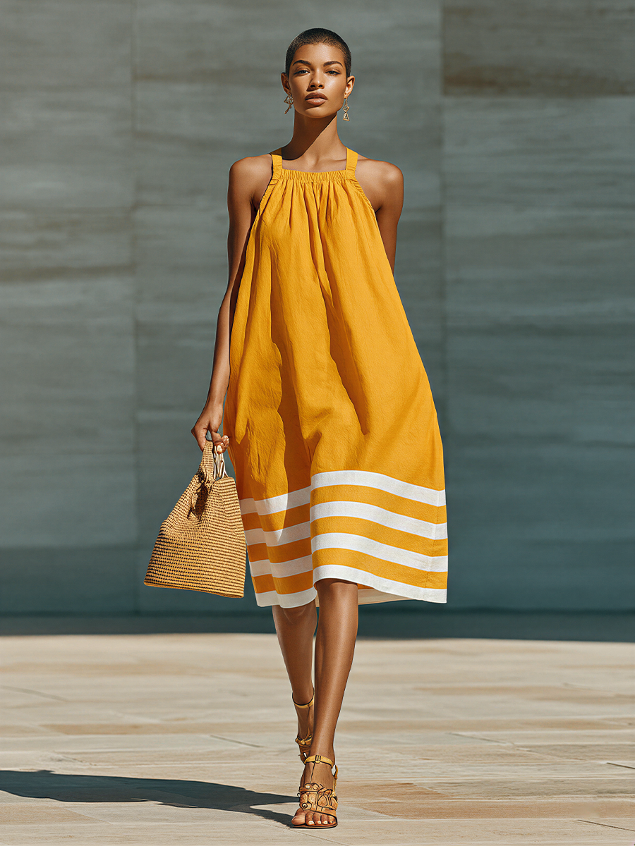 Women’s Yellow Halter Neck Dress With White Striped Hem MDZ1801E8T