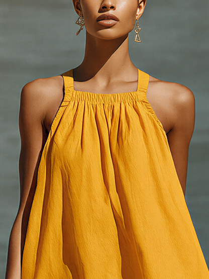 Women’s Yellow Halter Neck Dress With White Striped Hem MDZ1801E8T