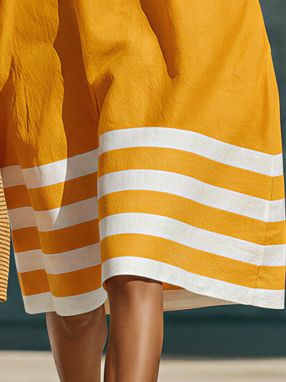 Women’s Yellow Halter Neck Dress With White Striped Hem MDZ1801E8T