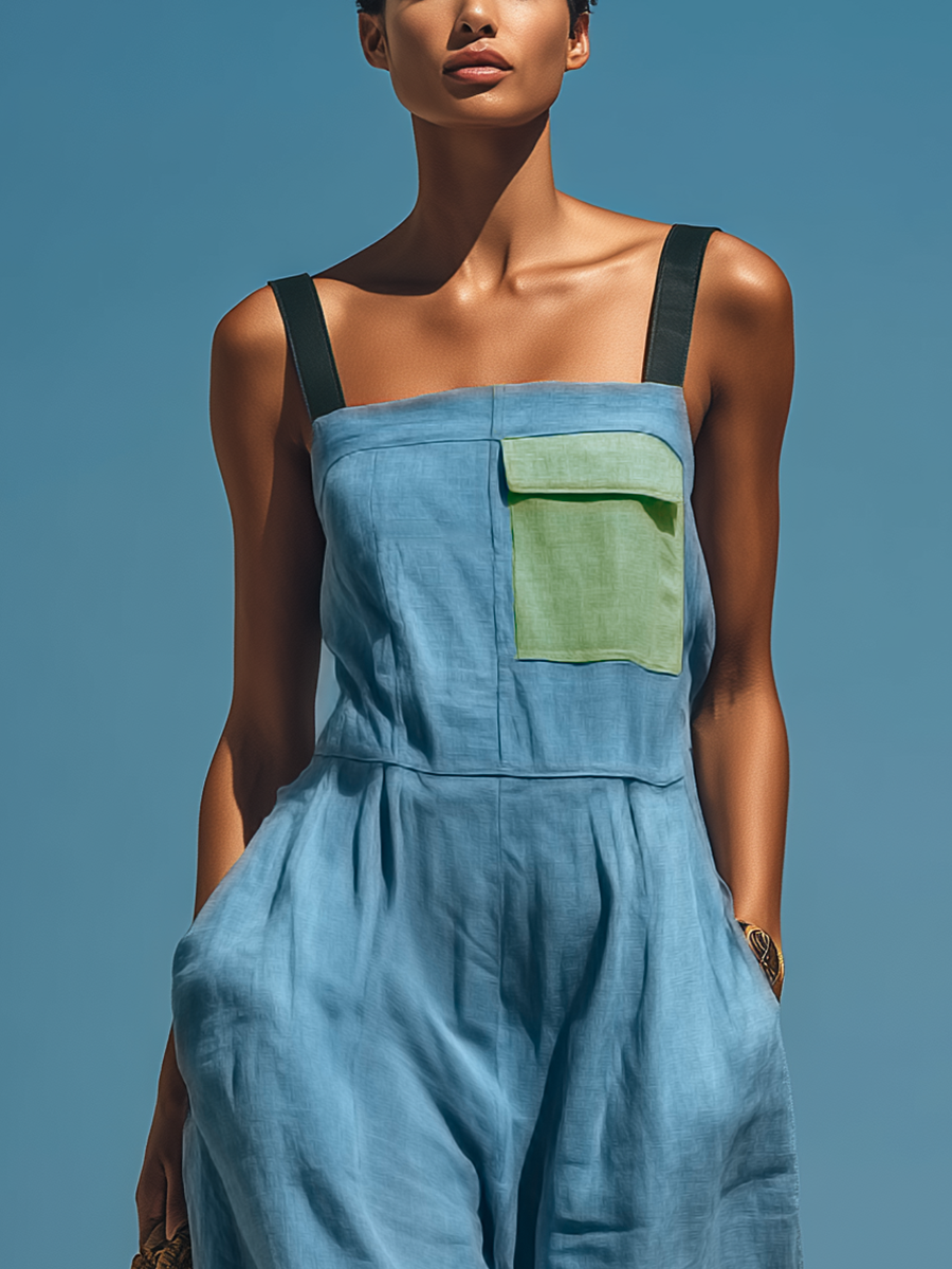 Women’s Blue Linen-Blend Wide-Leg Jumpsuit With Contrast Pocket & Straps MDZ1841E2T