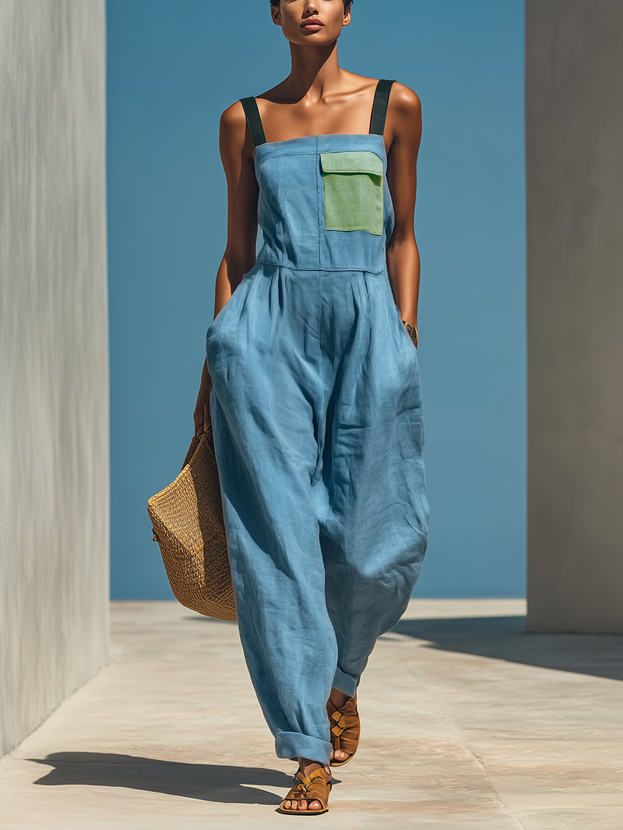 Women’s Blue Linen-Blend Wide-Leg Jumpsuit With Contrast Pocket & Straps MDZ1841E2T