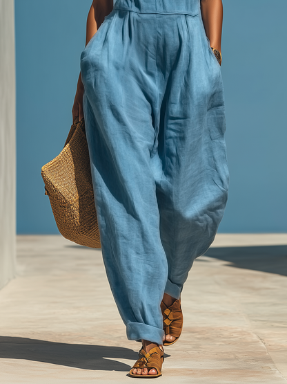 Women’s Blue Linen-Blend Wide-Leg Jumpsuit With Contrast Pocket & Straps MDZ1841E2T