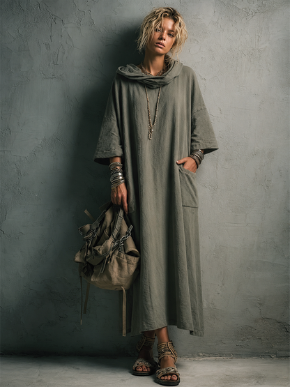 Women's Casual Gray-green Cotton Blend Hooded Three-Quarter Sleeve Loose Pocket Maxi Dress MDZ1869E6GMJ