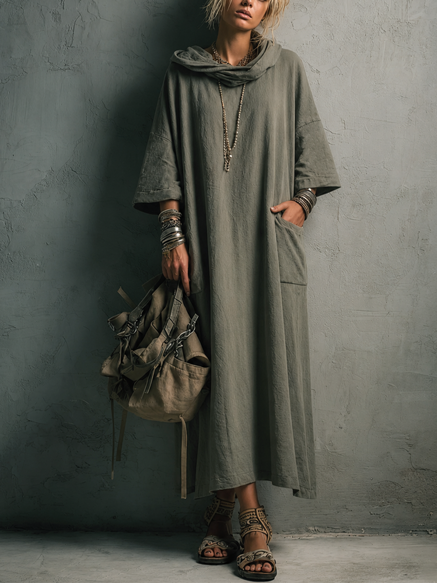 Women's Casual Gray-green Cotton Blend Hooded Three-Quarter Sleeve Loose Pocket Maxi Dress MDZ1869E6GMJ
