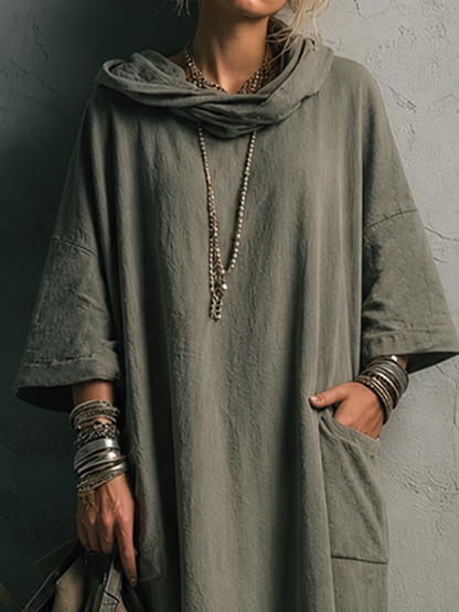 Women's Casual Gray-green Cotton Blend Hooded Three-Quarter Sleeve Loose Pocket Maxi Dress MDZ1869E6GMJ