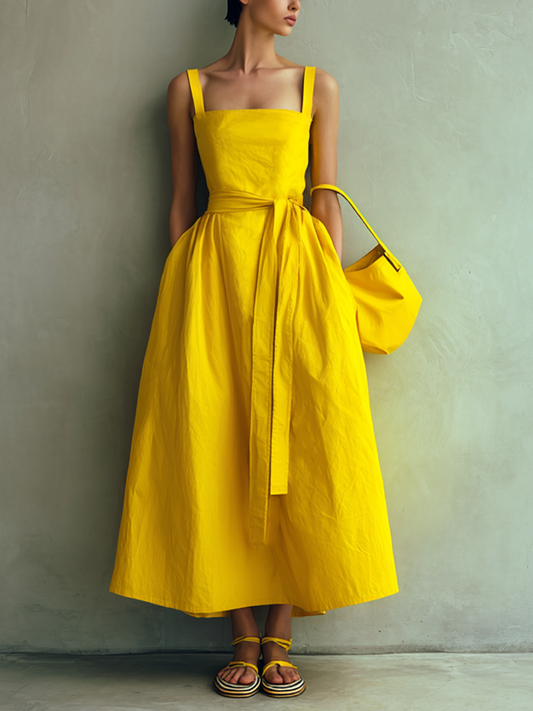 Women's Minimalist Bright Yellow Cotton Blend Square Neck Tie-Waist A-Line Cami Maxi Dress MDZ1863E8GMJ