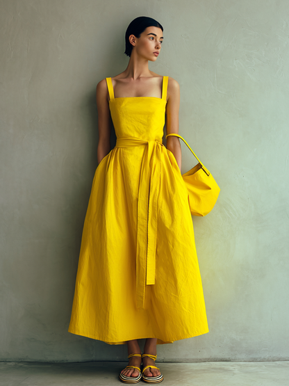 Women's Minimalist Bright Yellow Cotton Blend Square Neck Tie-Waist A-Line Cami Maxi Dress MDZ1863E8GMJ