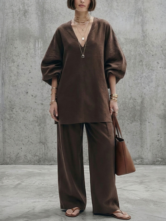 Women's Minimalist Deep Brown Linen-Cotton V-Neck Lantern Sleeve Tunic And High-Waisted Wide-Leg Pants Set MDZ1843E6GMJ