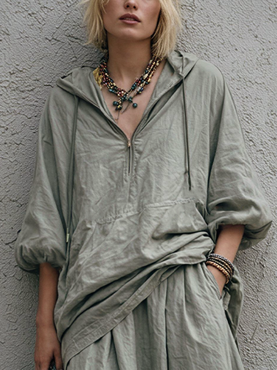 Women's Relaxed Style Grey Cotton Blend Half-Zip Hooded Top And Loose-Fitting Long Skirt Set MDZ1851E2GMJ