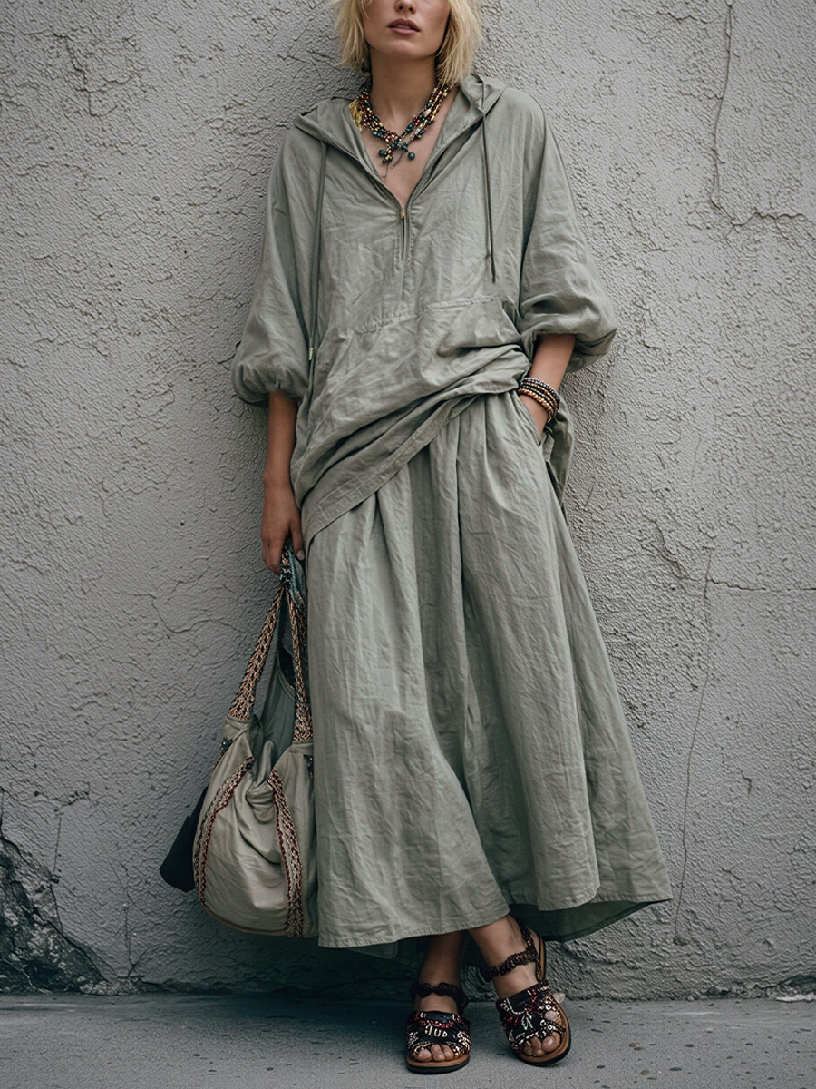 Women's Relaxed Style Grey Cotton Blend Half-Zip Hooded Top And Loose-Fitting Long Skirt Set MDZ1851E2GMJ