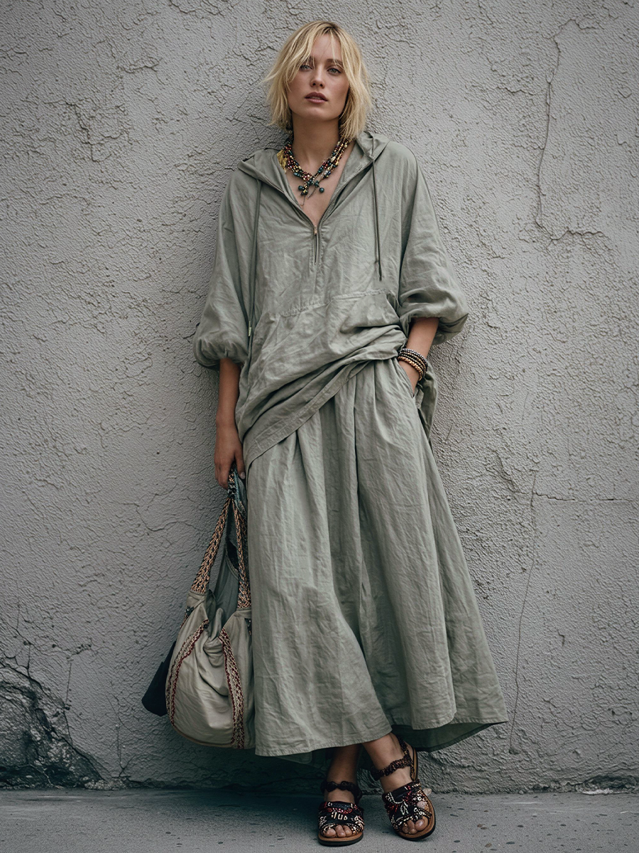 Women's Relaxed Style Grey Cotton Blend Half-Zip Hooded Top And Loose-Fitting Long Skirt Set MDZ1851E2GMJ