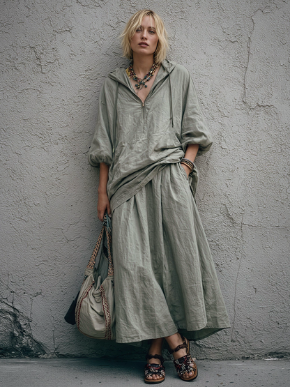 Women's Relaxed Style Grey Cotton Blend Half-Zip Hooded Top And Loose-Fitting Long Skirt Set MDZ1851E2GMJ