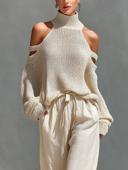 Women’s Beige Openwork Knit Cold Shoulder High Neck Sweater MDZ1262A7T