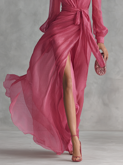 Women's Elegant Rose Pink Pearl Chiffon V-neck Tie-waist Long Dress MDZ1925A7BA