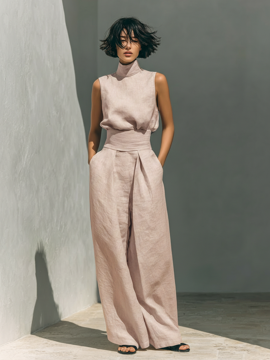 Women's Minimalist Cotton And Linen Blend Sleeveless Blouse And Wide-leg Pants Set MDZ0873A5Y