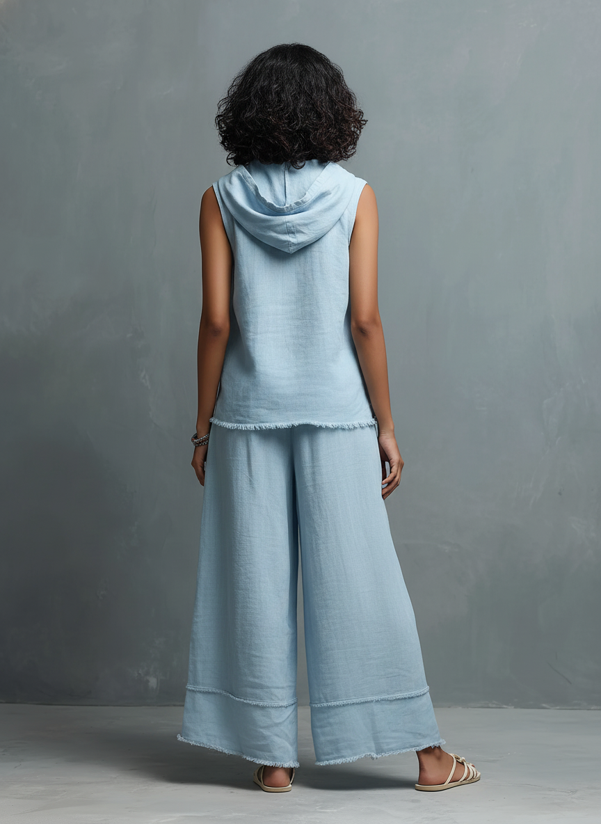 Women's Minimalist Linen-Blend Sleeveless Hooded Blouse & Wide-Leg Pants Set MDZ1544E6Y