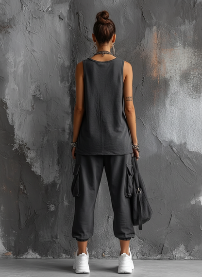 Women's Casual Style Dark Gray Cotton Blend Sleeveless Top + Jogger Cargo Pants Set MDZ2365D7GMJ