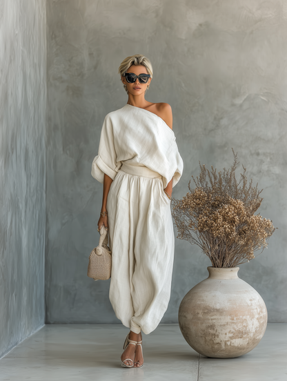 Women's Off-white Linen Off-shoulder Loose Casual Top And Tapered Pants Set MDA2770K8T